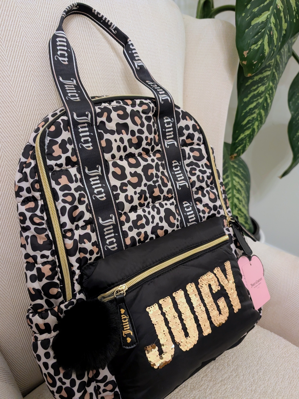 NWT. JUICY Couture Black & Leopard Quilted Backpack
